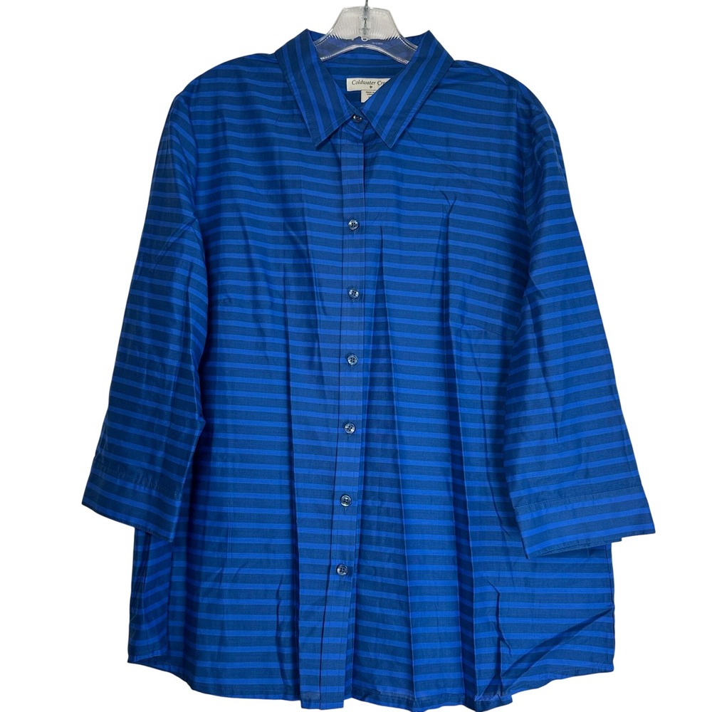 Coldwater Creek Blue Striped Cotton Button Down Shirt 3/4 Sleeve XL 16 NEW